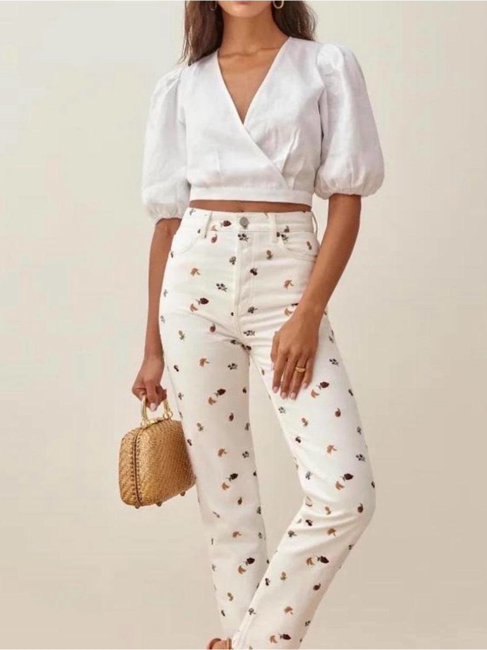 Reformation White Straight Leg Pants with Multicolor Floral Print